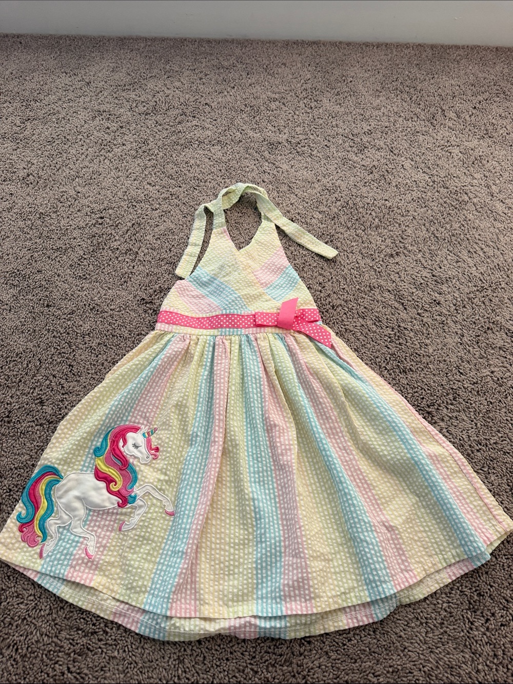 Rare Editions Pastel Multi-Stripe Halter Dress with Pink Polka Dot Bow